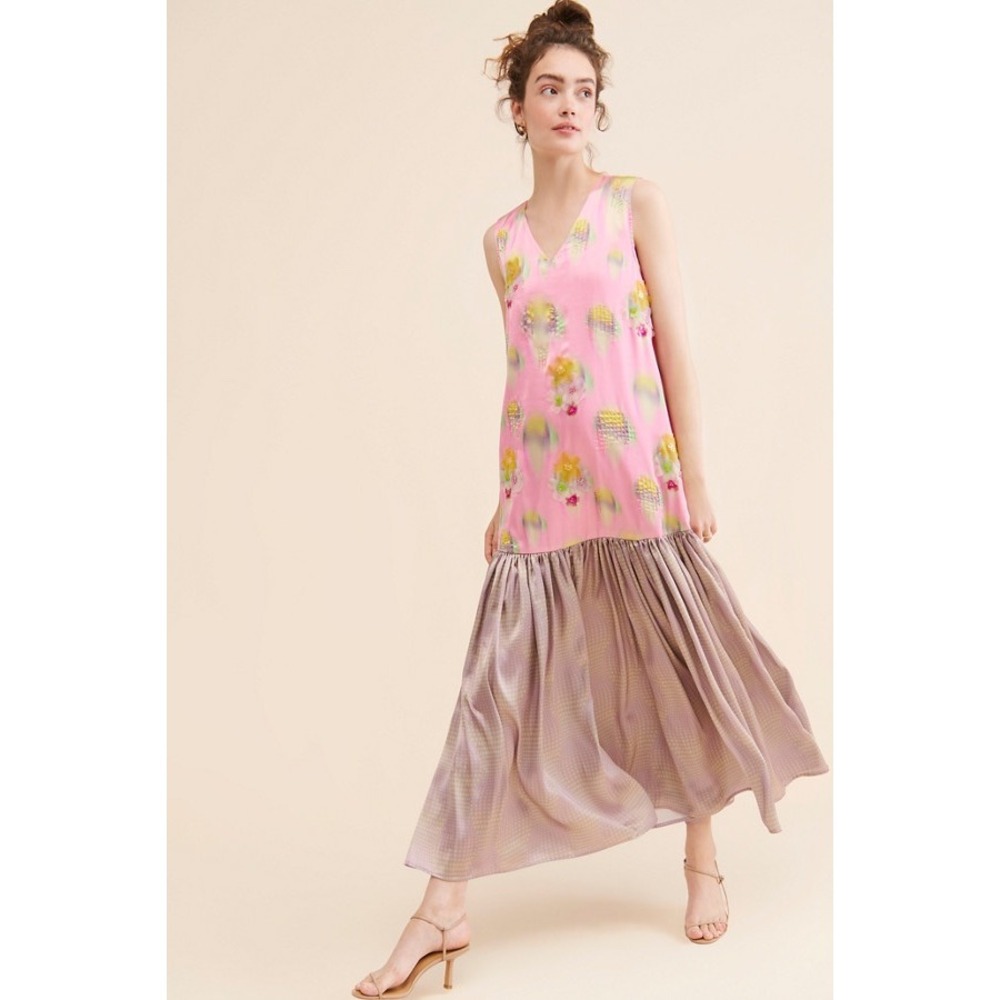 Anthropologie Siddhartha Bansal Pink Floral Embellished Drop Waist Maxi Dress SP
